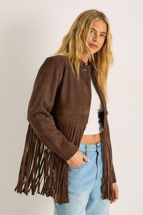NASTY GAL Real Suede Fringe Jacket in Chocolate at Nordstrom, Size 12