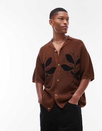 Topman relaxed floral applique revere knitted shirt in brown