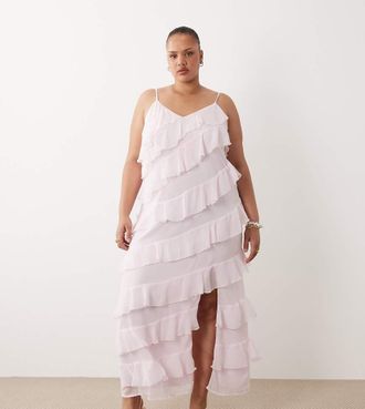 Vila VILA - Vestito lungo rosa chiaro con volant, spalline sottili e spacco sulla gamba