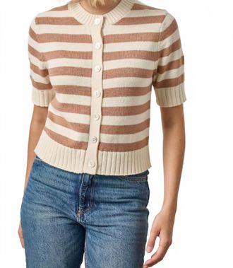Lilla P Elbow Sleeve Button Cardigan In Fawn Stripe
