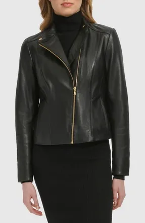 Cole Haan Band Collar Leather Moto Jacket in Black at Nordstrom, Size X-Small