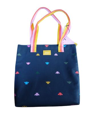 Generic Joules-London Navy Blue Tote Bag with Colourful Bee Print, Rainbow Striped Handles, Shopping Shoulder Bag