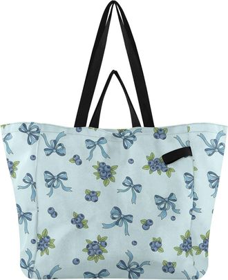 Generic Blueberries Ribbons Blue pattern Reusable Canvas Tote Bag, Heavy Duty Grocery Shopping Bag with Double Handles Hard Bottom Large Capacity Work Groceri