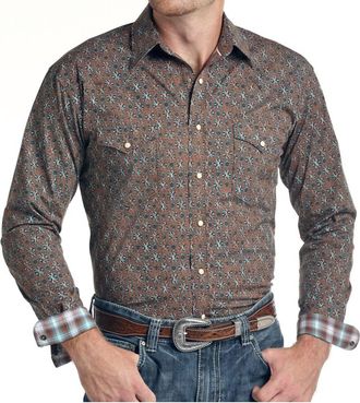 Panhandle Mens Long Sleeve Shirt In Brown/teal