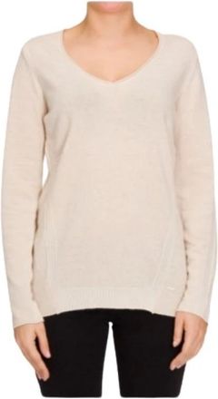 Emporio Armani V-hals Trui met Ribdetails - Dames - Longsleeves - Beige - M - Wol - Tops
