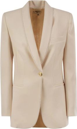 Elisabetta Franchi Crepe Jasje met Contrasterende Topstitching - Dames - Blazers - Beige - L - Polyester - Jassen