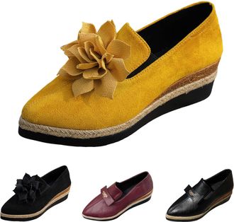 Generic Womens Casual Slip On Wedge Shoes Dressy Retro Pointed Toe Flower Decoration Dress Shoes for Women Work Fashion Chunky Wedge Heels Outdoor Travel Non 