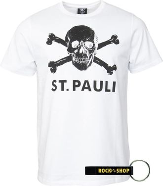 FC St. Pauli Mens T-Shirt White Skull FCSP Fan Item + RocknShop Bottle Opener, White, M