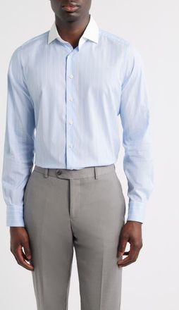 Emanuel Berg Modern Fit Stripe Natural Stretch Yoga Twill Dress Shirt in Light Pastel Blue at Nordstrom, Size 43