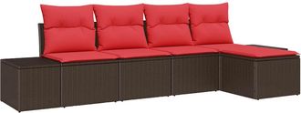vidaXL Conjunto De Sof&aacute; De Jard&iacute;n 5 Uds. Marr&oacute;n Y Rojo Rat&aacute;n Sint&eacute;tico Vidaxl