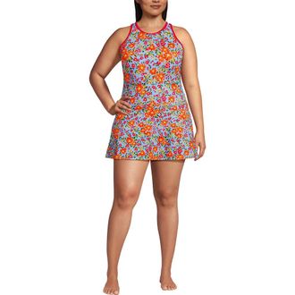 Lands End Plus Size Tugless High Neck Swim Dress Swimsuit in Blue Springside Floral at Nordstrom, Size 22W