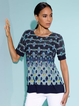 Cr&eacute;ation L 2-in-1-Shirt CREATION L Mesh-Shirt, Damen, Gr. 36, marine, hellblau, bedruckt, 96% Polyester, 4% Elasthan, Netzware:4% Elasthan, 96% Polyester, bedruc