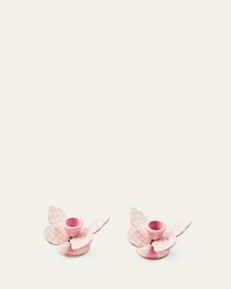MacKenzie-Childs Rosy Check Butterfly Candle Holders, Set of 2