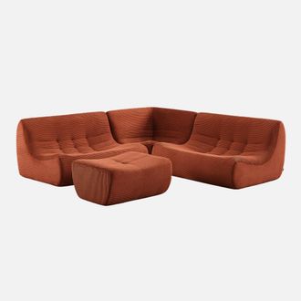 Sweeek Sof&aacute; Esquinero Modular Con Reposapi&eacute;s De Terciopelo Acanalado, 5 Plazas