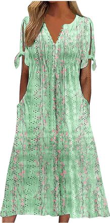 Generic Petite Dresses for Women UK Summer Dresses for Women UK Boho V Neck Button Floral Midi Dress Plus Size Casual Petite Short Sleeve Flowy Sundress Fashi