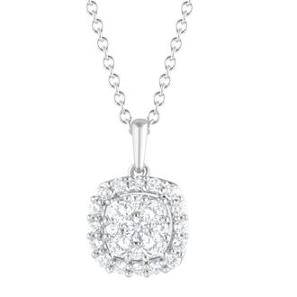 Grown Brilliance 1 Carat Round Lab Grown Halo Diamond Pendant Necklace in Sterling Silver, Cushion Shape, G-H Color, SI2-I1 Clarity