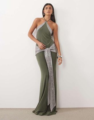 Asos vestito lungo allamericana modellante con fascia di paillettes color kaki-Verde