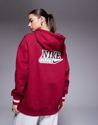 Nike Phoenix Fleece - Felpa con cappuccio oversize marrone con grafica sul retro-Rosso