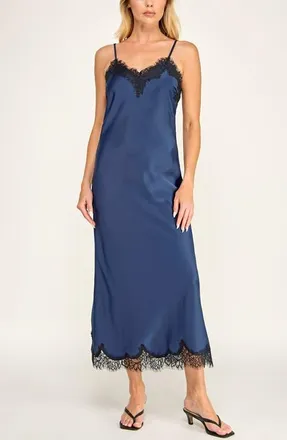 Socialite Lace Trim Satin Slip Midi Dress in Navy/black at Nordstrom, Size X-Large