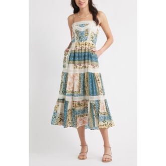 Chelsea28 Lace Inset Patchwork Midi Dress in Blue Print Mix at Nordstrom, Size X-Large