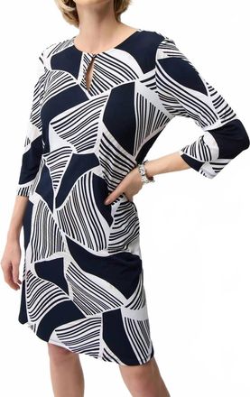 Joseph Ribkoff Silky Knit Geometric Print Dress With Keyhole In Vanilla/multi