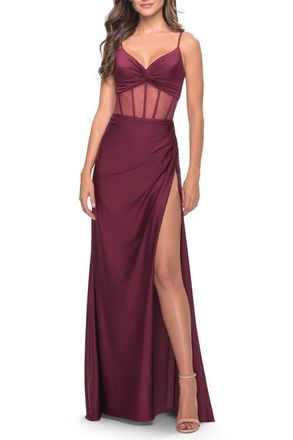 La Femme Illusion Bodice Dress with Boning and Twist Detail in Dark Berry at Nordstrom, Size 00