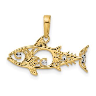 Diamond2Deal 14k Yellow Gold and White Rhodium Diamond-Cut Fish Pendant