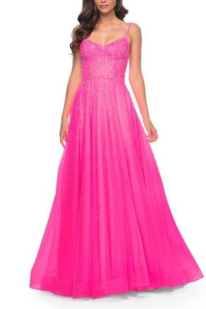La Femme Rhinestone A-Line Tulle Prom Dress with Illusion Bodice in Neon Pink at Nordstrom, Size 6