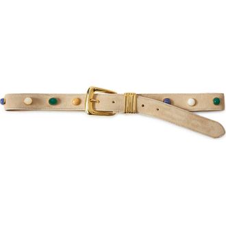 Veronica Beard Arch Stone Embellished Suede Belt in Stone Khaki at Nordstrom, Size X-Small