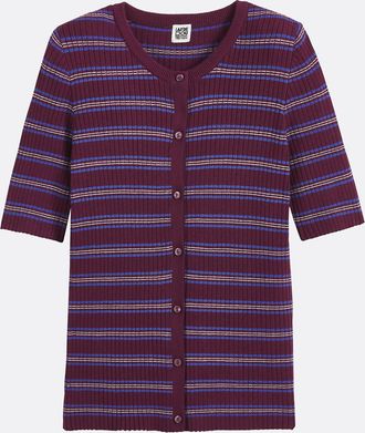 La Redoute Collections Gestreept vest, 3/4 mouwen, ronde hals, fijn tricot, knoopsluiting