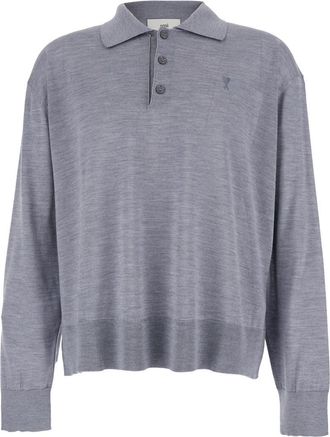 Ami Grey Polo Shirt With Classic Collar And Adc Embroidery On The Front In Wool And Silk Blend Man