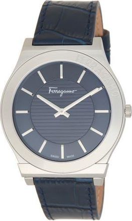 Ferragamo Leather Strap Watch, 42mm in Slate/Stainless Steel at Nordstrom Rack
