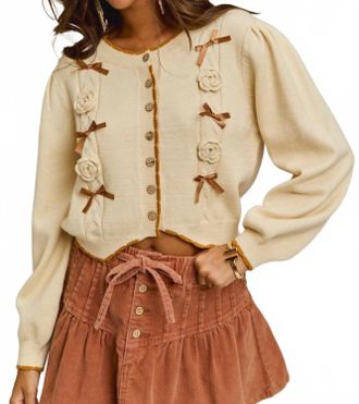 So Me Ribbon And Rose Cardigan In Cream/camel