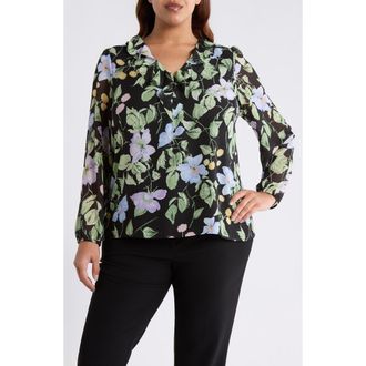 Kasper Floral Print Ruffle Shirt in Black Multi at Nordstrom, Size 3 X