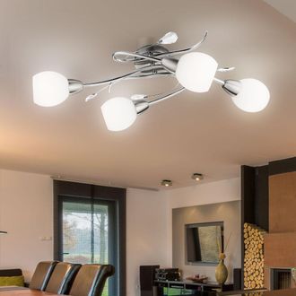 Globo Lighting Lampada Da Soffitto Plafoniera Soggiorno Lampada Faretto Faretto, 4 Lampadine, Foglie Decorative Vetro Opalino Cromo, Attacchi E14, Lxl 70x25cm