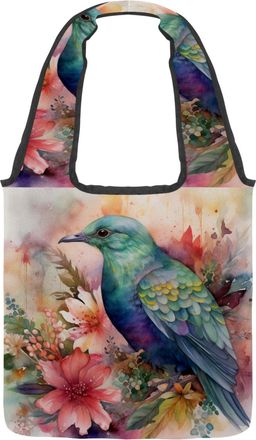 Generic Watercolor Bird Floral Reversible Canvas Shoulder Tote - Double-Sided Print, 12oz Cotton, 27cm Drop, Fold-Flat Bag for Travel, Shopping, Street Outing