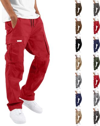 Generic Mens Cargo Trousers Multi Pockets Classic Jogging Bottom Straight Leg Druable Work Trousers Stretchy Drawstring Solid Color Cargo Sweatpants Street Le