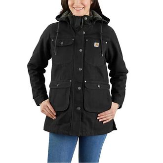 Carhartt Work in Progress Field Jacket Womens Black Sherpa-Lined Collar Hooded Snap Front KFC483