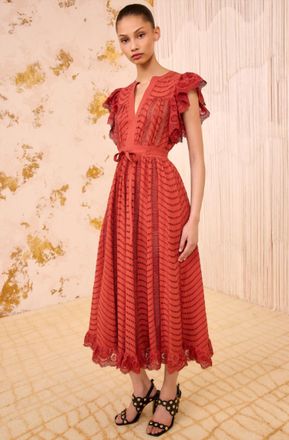 Ulla Johnson Olga Flutter Sleeve Midi Dress In Claret