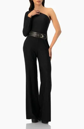Ivonne Wide-Leg Textured Jumpsuit with One Long Sleeve in Black at Nordstrom, Size 12