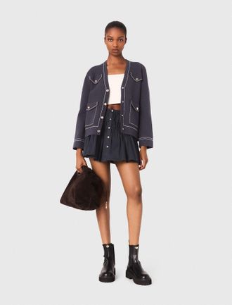 Maje Long Topstitched Knit Cardigan - Navy - Maje
