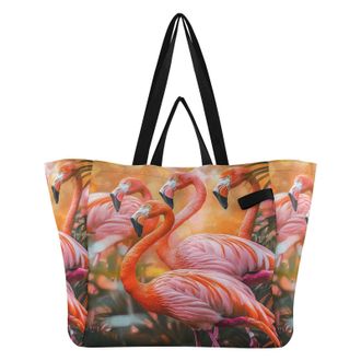 Generic Flamingo Orange print Reusable Canvas Tote Bag, Heavy Duty Grocery Shopping Bag with Hard Bottom Large Capacity Double Handles Work Groceries Travel