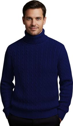 Janisramone Mens High Polo Roll Neck Jumper Long Sleeve Cable Knitted Casual Winter Sweater Pullover Navy