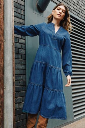Roman Cotton Denim Tiered Midi Dress