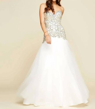 Mac Duggal Rhinestones Embellished Ball Gown In Ivory/gold