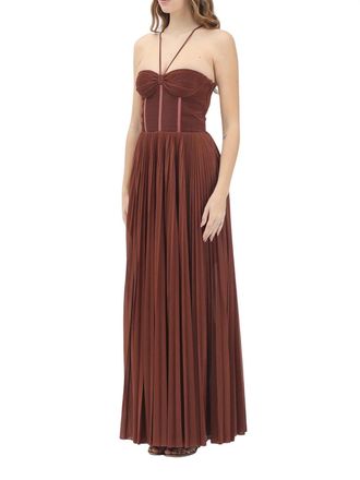 Pinko Brown Cicogna Polyester Pleated Maxi Dress