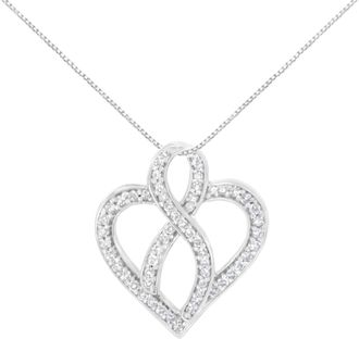 House of Brilliance 14K White Gold 1/4 cttw Round Cut Diamond Heart and Ribbon Center Pendant Necklace