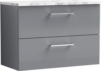 Nuie Nuie - Arno Wall Hung 2-Drawer Vanity Unit with Carrera Marble Worktop 800mm Wide - Satin Grey