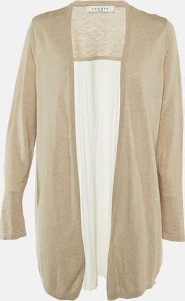 Sandro Beige Knit & Crepe Pleated Cardigan