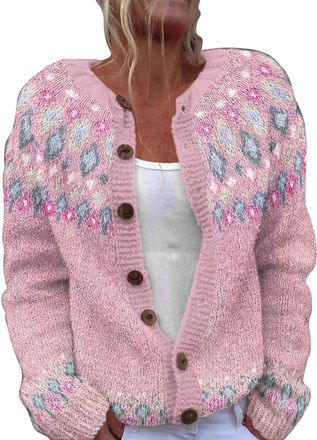 Generic Fair Isle Cardigan Womens Chunky Knit Button Down Sweater Cardigans Plush Art Floral Print Vintage Fair Isle Jumpers Jackets Ladies Plus Size Going Ou